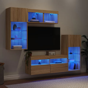 Unități de perete TV cu LED-uri, 5 piese, stejar sonoma, lemn