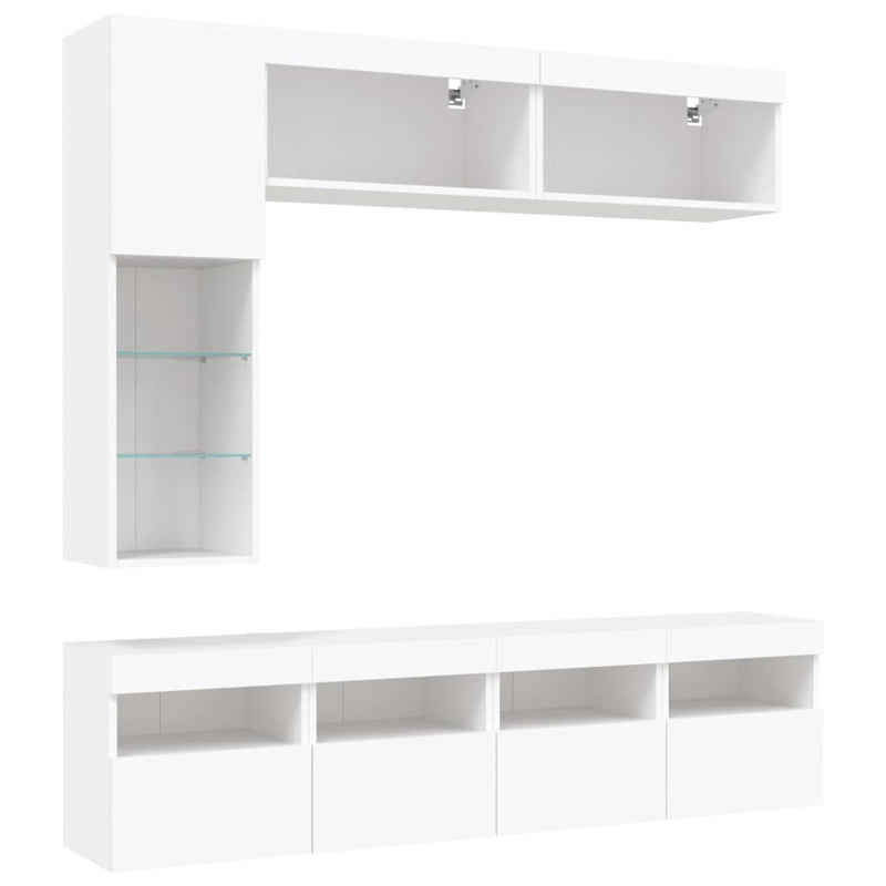 Set comode TV de perete, 7 piese, cu lumini LED, alb