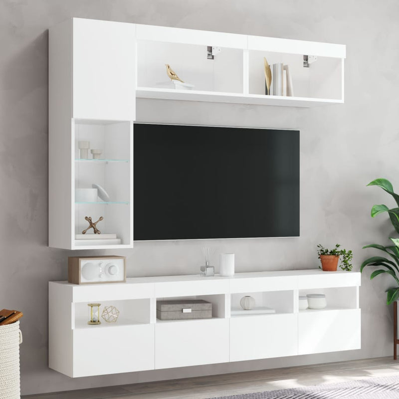 Set comode TV de perete, 7 piese, cu lumini LED, alb