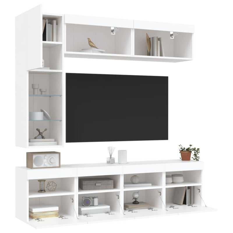 Set comode TV de perete, 7 piese, cu lumini LED, alb
