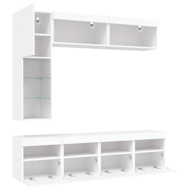 Set comode TV de perete, 7 piese, cu lumini LED, alb