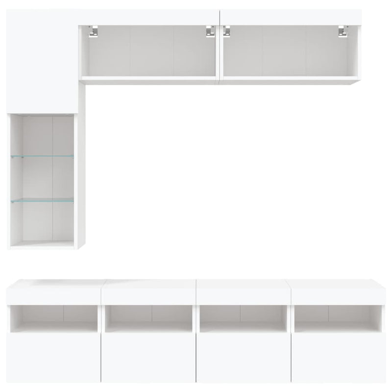 Set comode TV de perete, 7 piese, cu lumini LED, alb