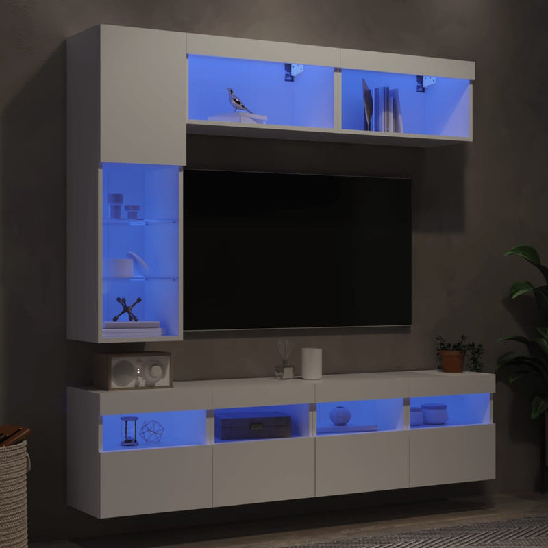 Set comode TV de perete, 7 piese, cu lumini LED, alb