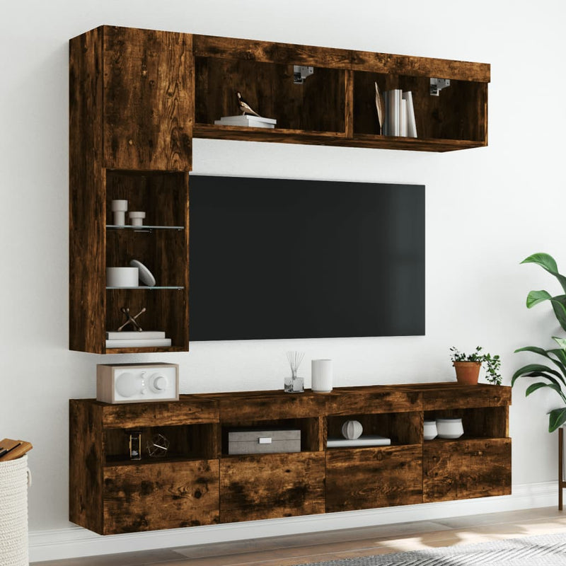 Comode TV de perete cu lumini LED, 7 piese, stejar fumuriu
