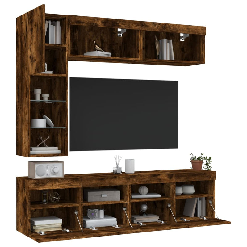 Comode TV de perete cu lumini LED, 7 piese, stejar fumuriu