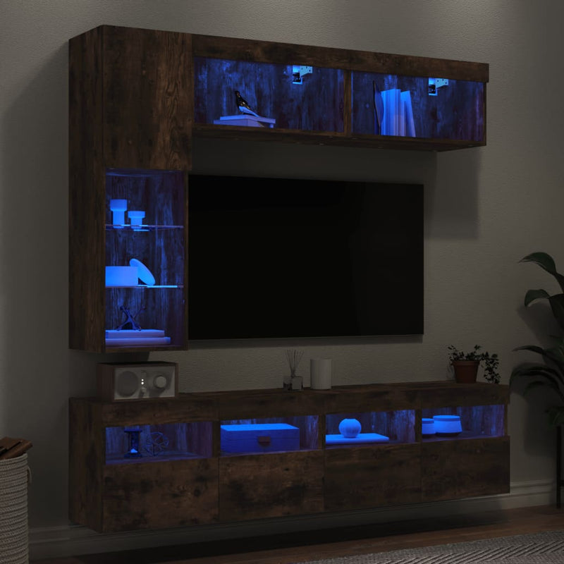 Comode TV de perete cu lumini LED, 7 piese, stejar fumuriu