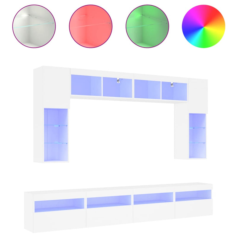 Set comode TV de perete, 8 piese, cu lumini LED, alb