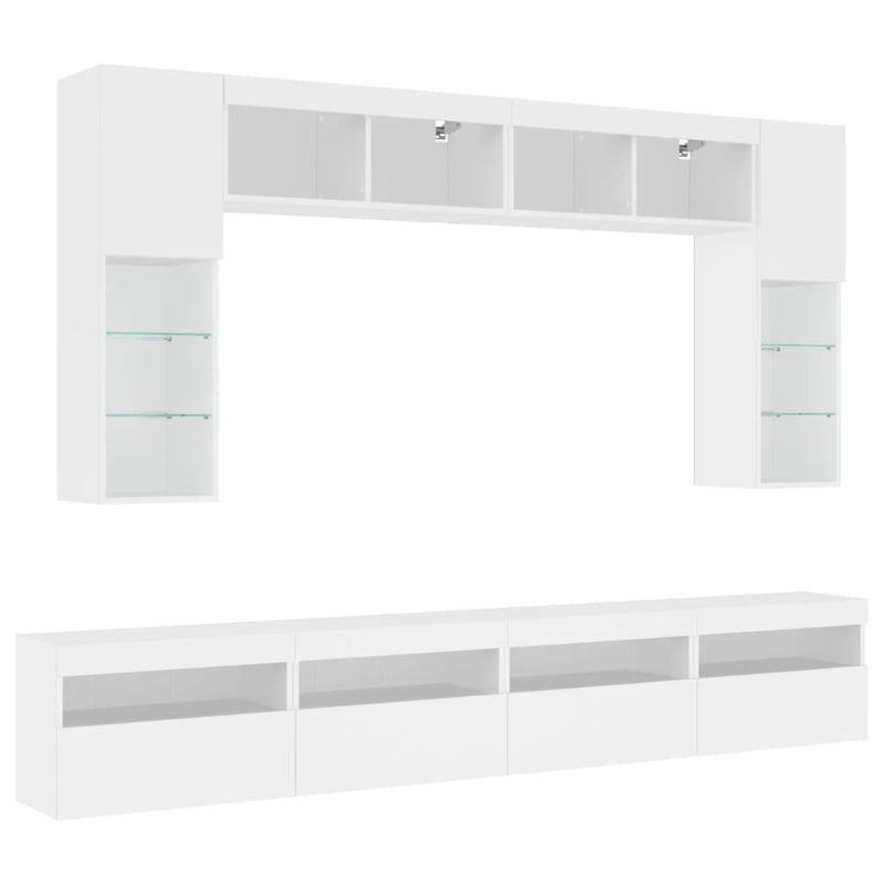 Set comode TV de perete, 8 piese, cu lumini LED, alb