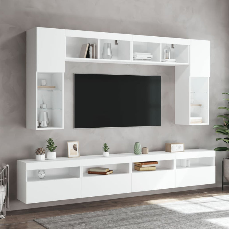Set comode TV de perete, 8 piese, cu lumini LED, alb