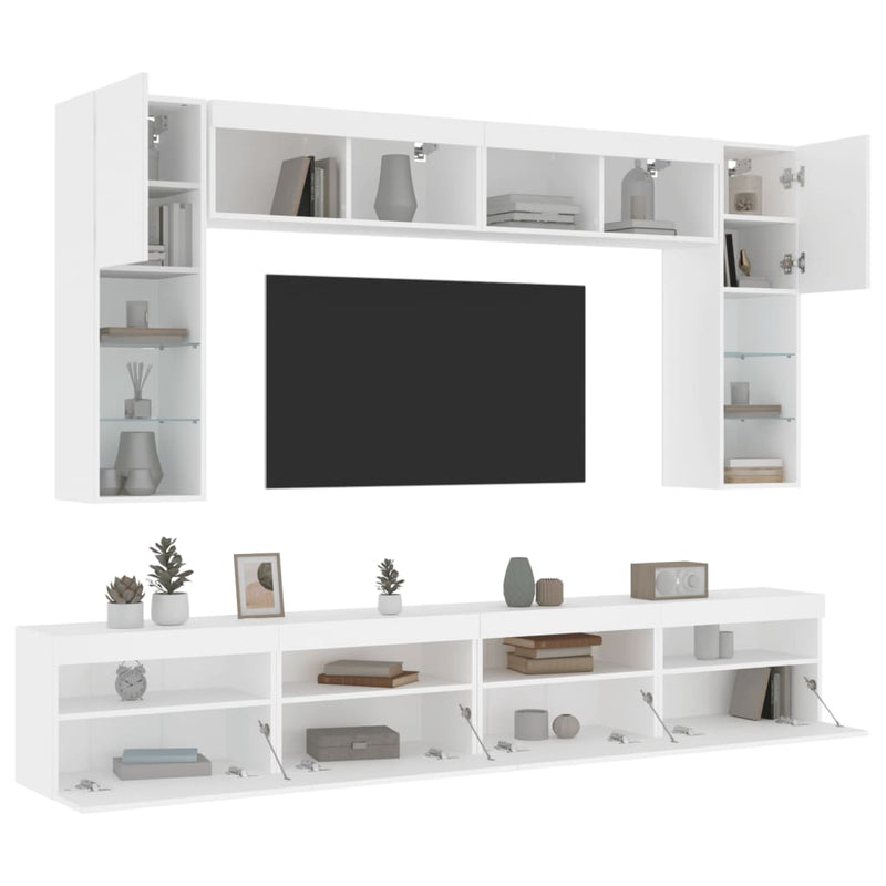 Set comode TV de perete, 8 piese, cu lumini LED, alb