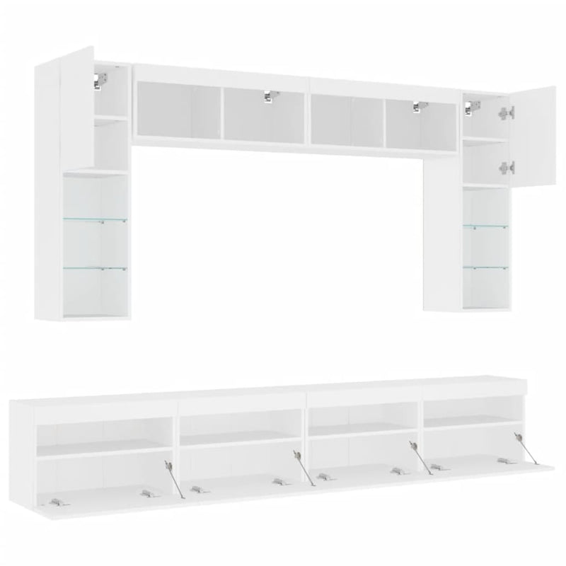 Set comode TV de perete, 8 piese, cu lumini LED, alb