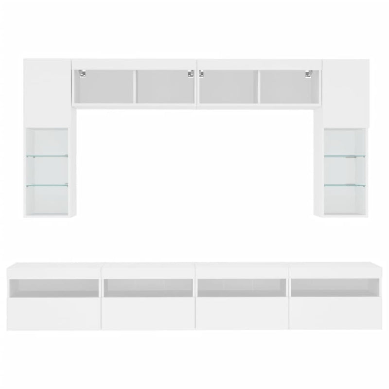 Set comode TV de perete, 8 piese, cu lumini LED, alb