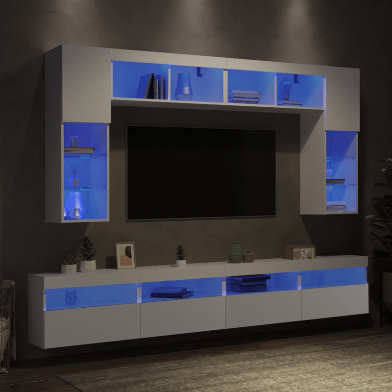 Set comode TV de perete, 8 piese, cu lumini LED, alb