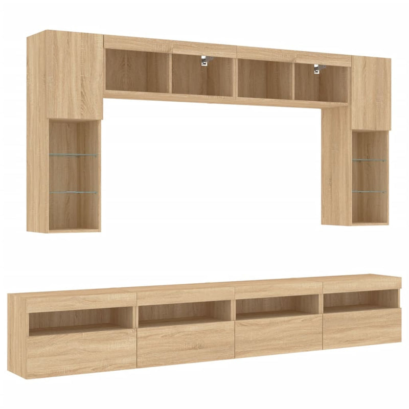 Comode TV de perete cu lumini LED, 8 piese, stejar sonoma