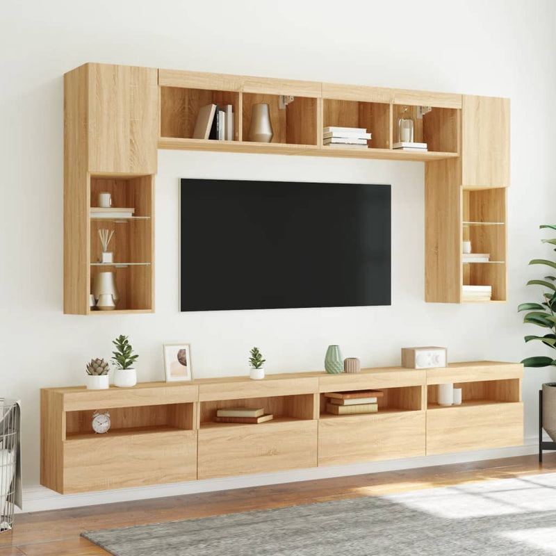 Comode TV de perete cu lumini LED, 8 piese, stejar sonoma