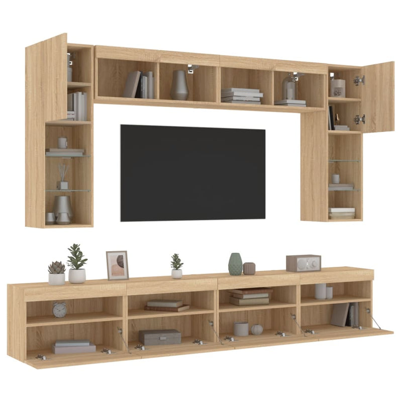 Comode TV de perete cu lumini LED, 8 piese, stejar sonoma