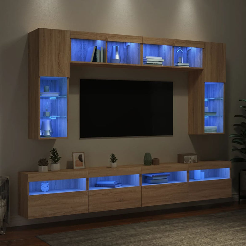 Comode TV de perete cu lumini LED, 8 piese, stejar sonoma