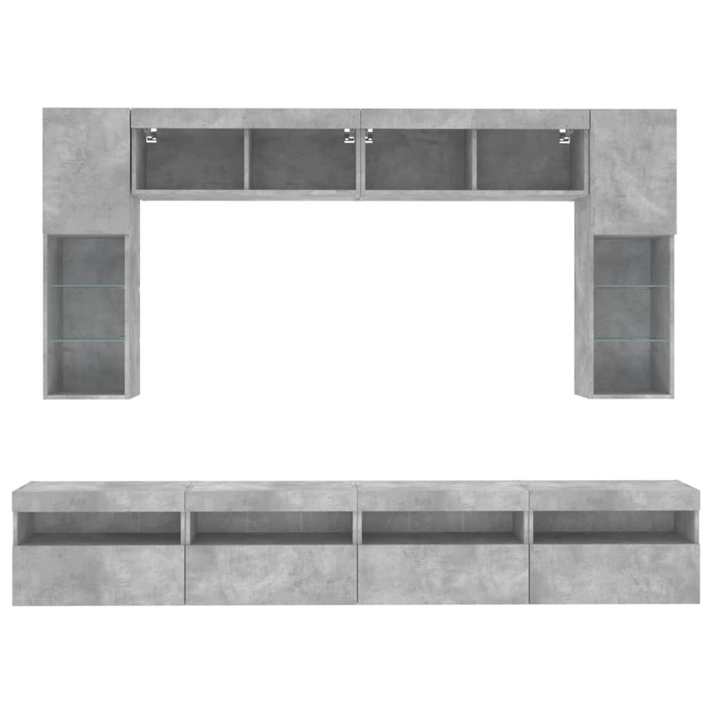 Set comode TV de perete cu lumini LED, 8 piese, gri beton