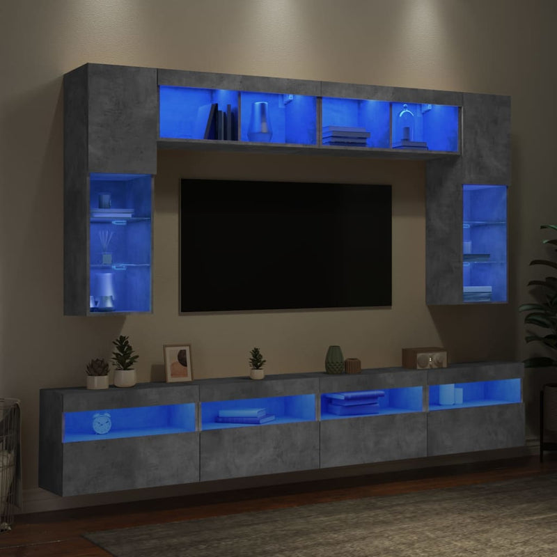 Set comode TV de perete cu lumini LED, 8 piese, gri beton