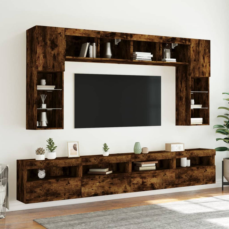 Comode TV de perete cu lumini LED, 8 piese, stejar fumuriu