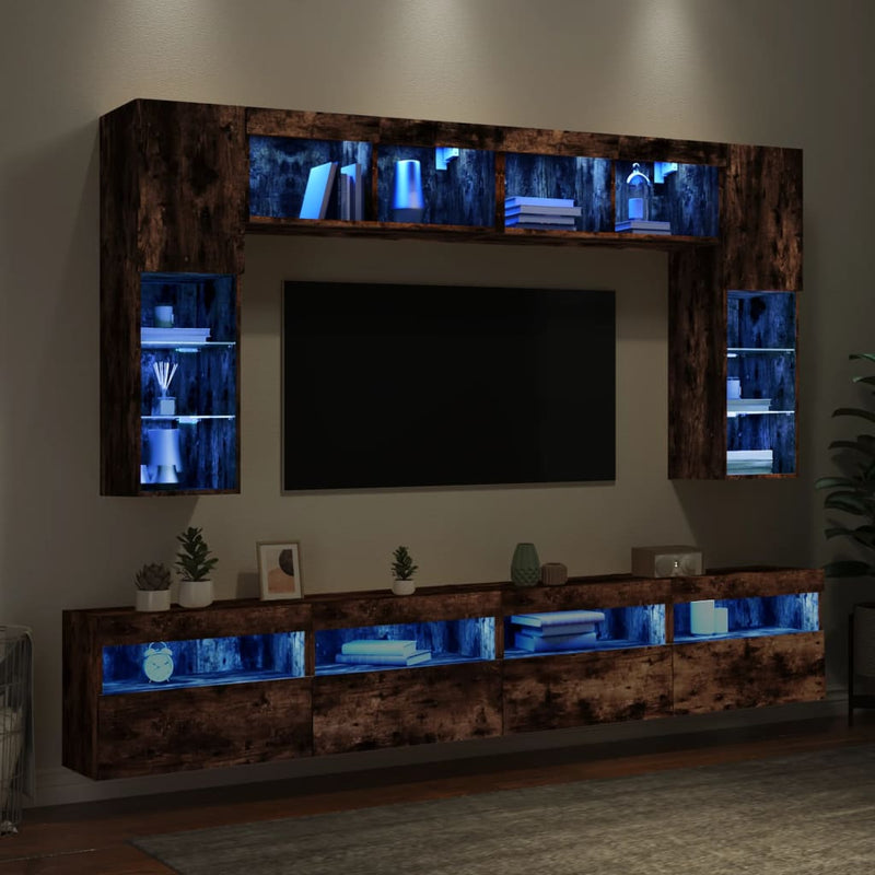 Comode TV de perete cu lumini LED, 8 piese, stejar fumuriu