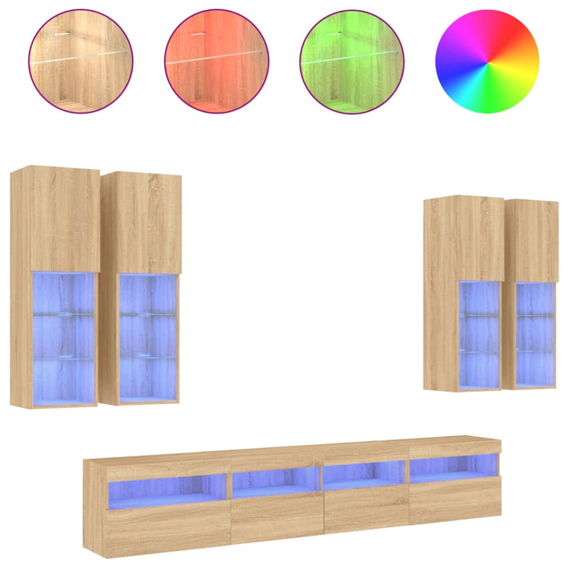 Comode TV de perete cu lumini LED, 7 piese, stejar sonoma
