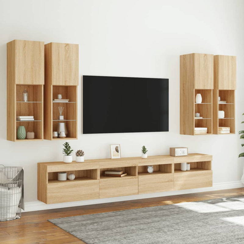 Comode TV de perete cu lumini LED, 7 piese, stejar sonoma