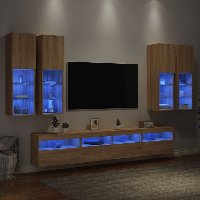 Comode TV de perete cu lumini LED, 7 piese, stejar sonoma
