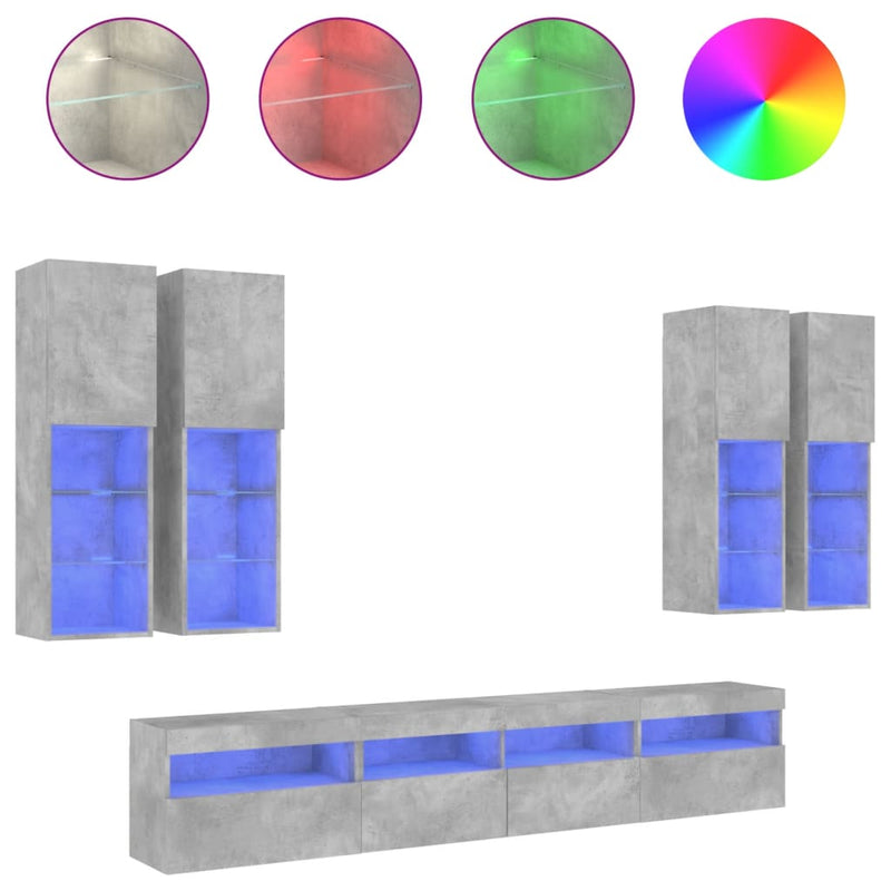 Set comode TV de perete cu lumini LED, 7 piese, gri beton