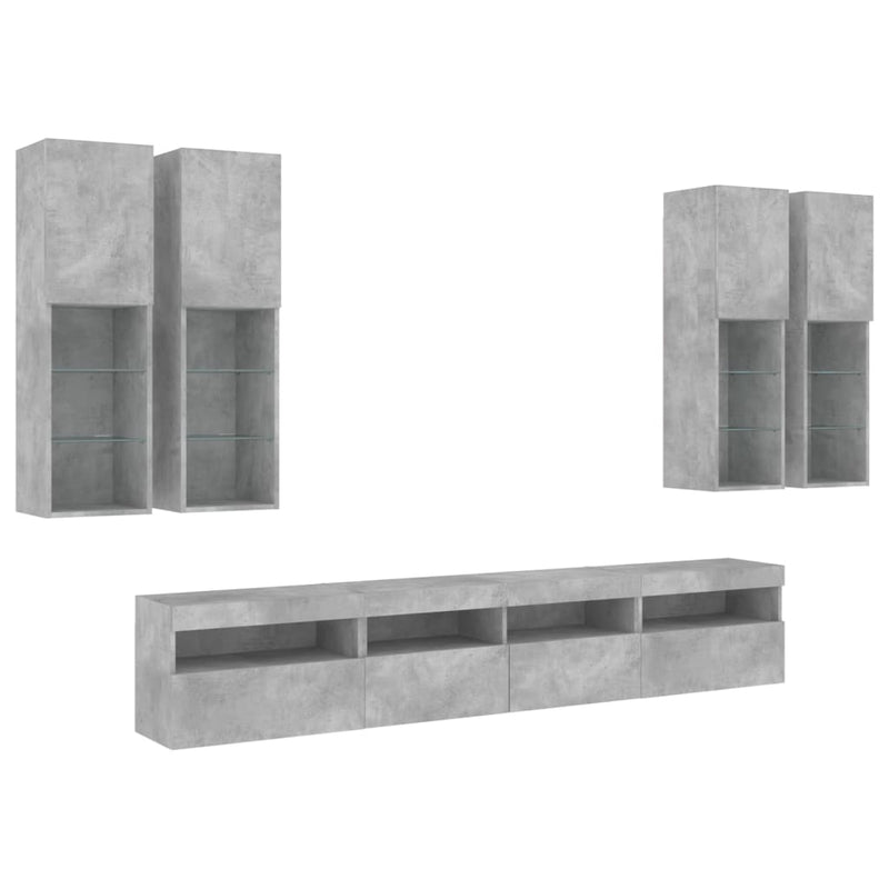 Set comode TV de perete cu lumini LED, 7 piese, gri beton