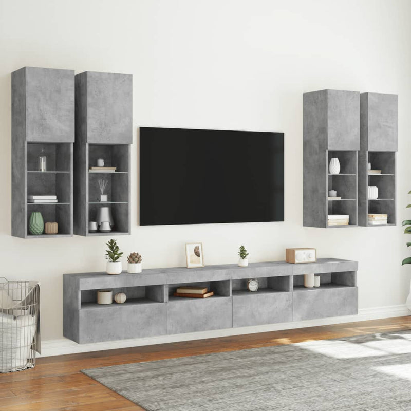 Set comode TV de perete cu lumini LED, 7 piese, gri beton