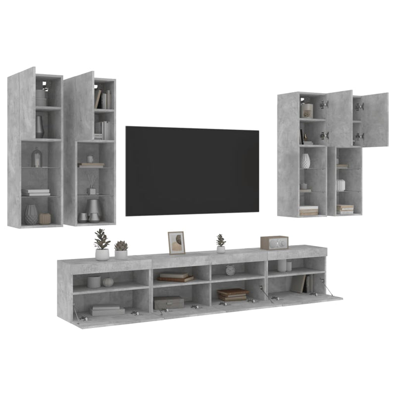 Set comode TV de perete cu lumini LED, 7 piese, gri beton