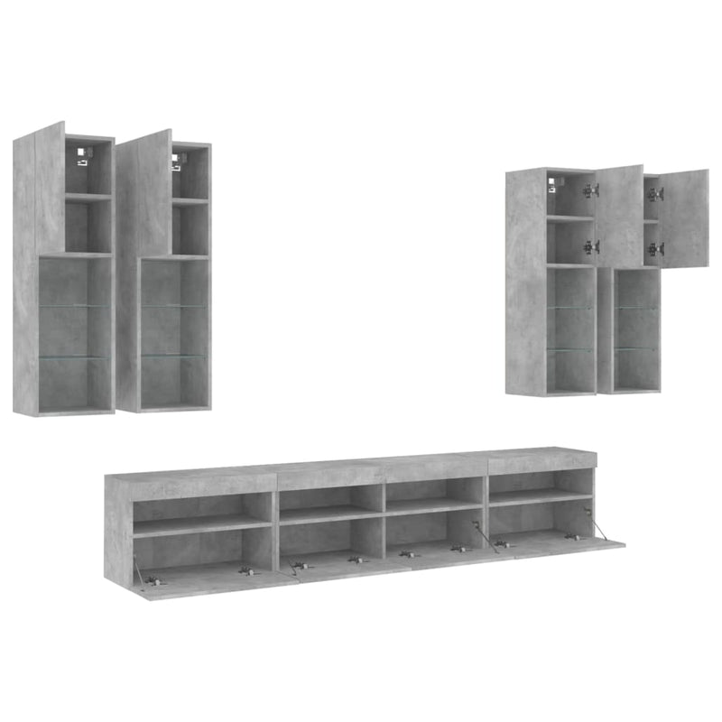 Set comode TV de perete cu lumini LED, 7 piese, gri beton