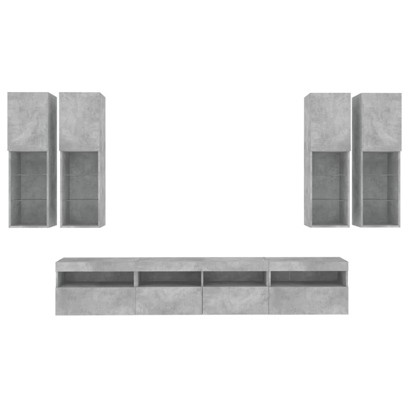 Set comode TV de perete cu lumini LED, 7 piese, gri beton
