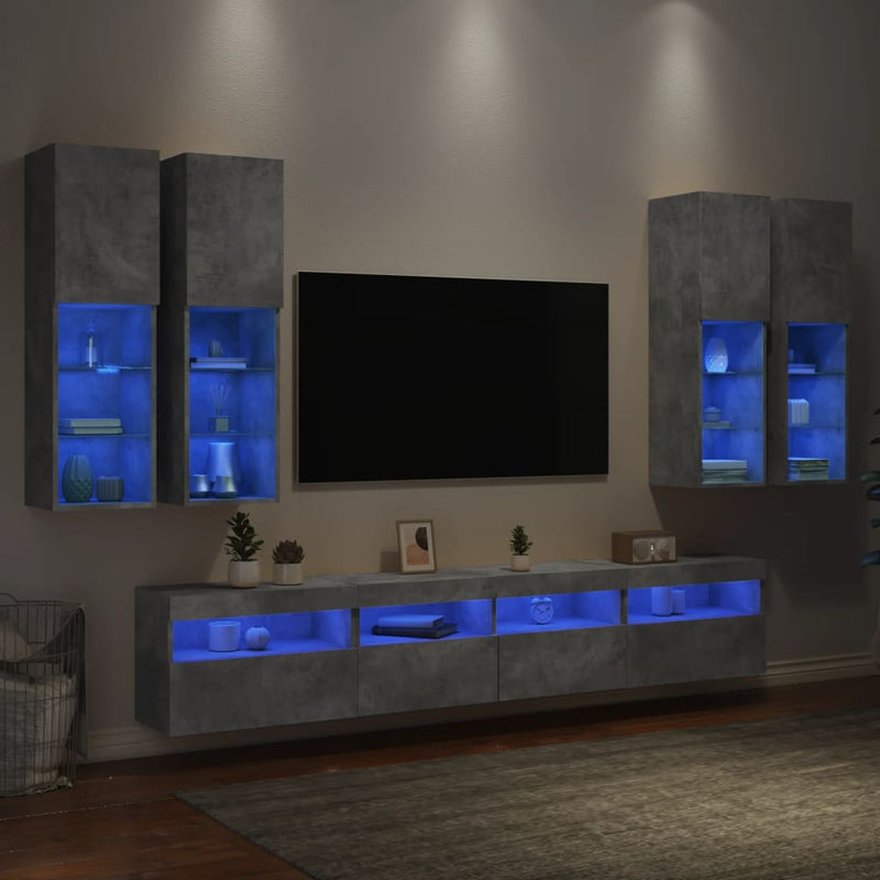 Set comode TV de perete cu lumini LED, 7 piese, gri beton