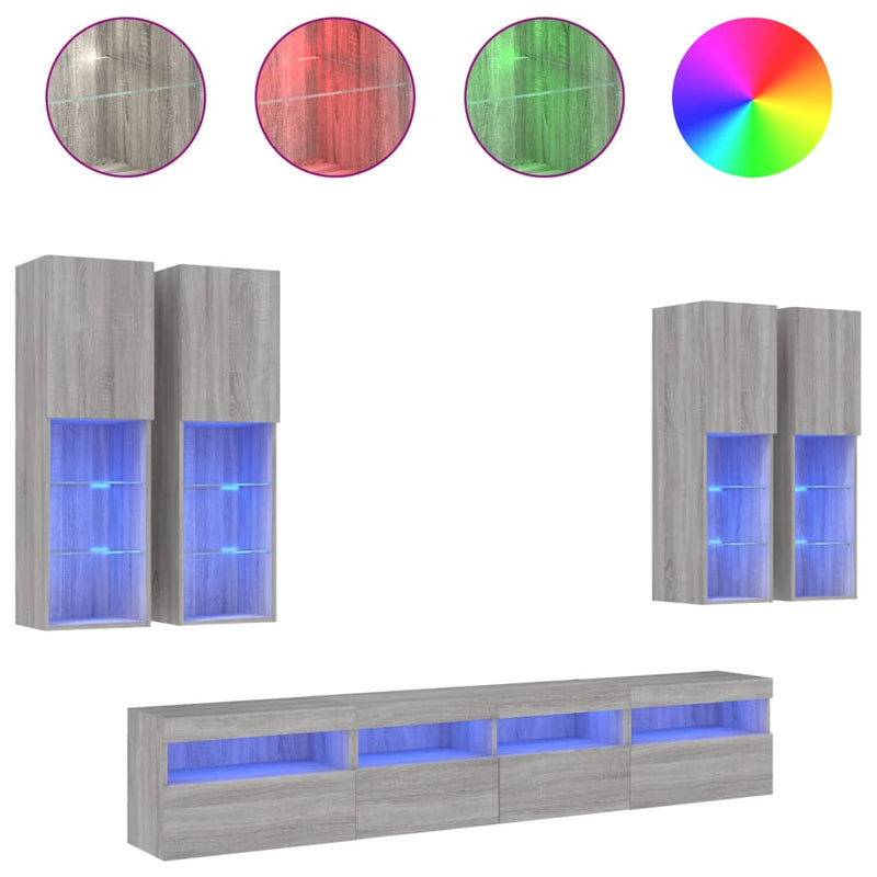 Comode TV de perete cu lumini LED, 7 piese, gri sonoma