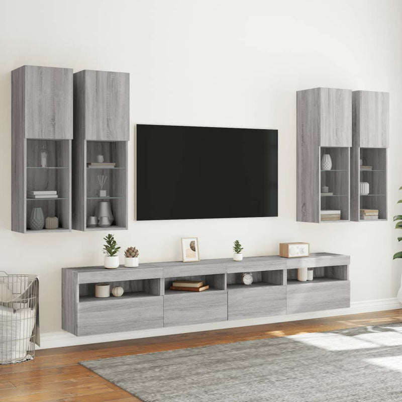 Comode TV de perete cu lumini LED, 7 piese, gri sonoma