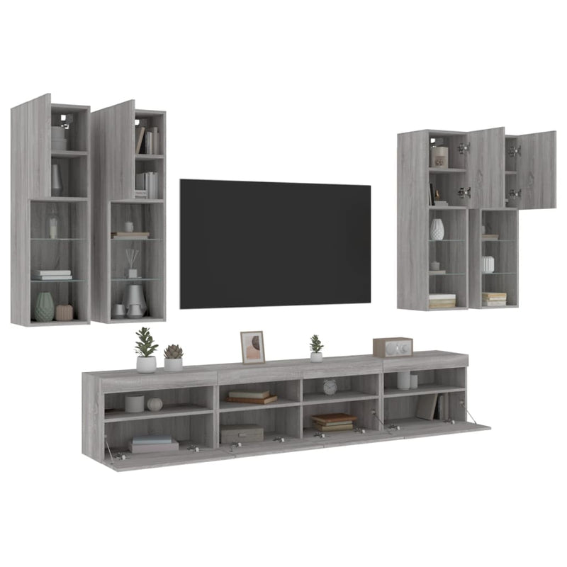 Comode TV de perete cu lumini LED, 7 piese, gri sonoma