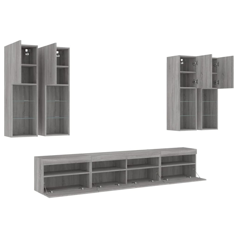 Comode TV de perete cu lumini LED, 7 piese, gri sonoma