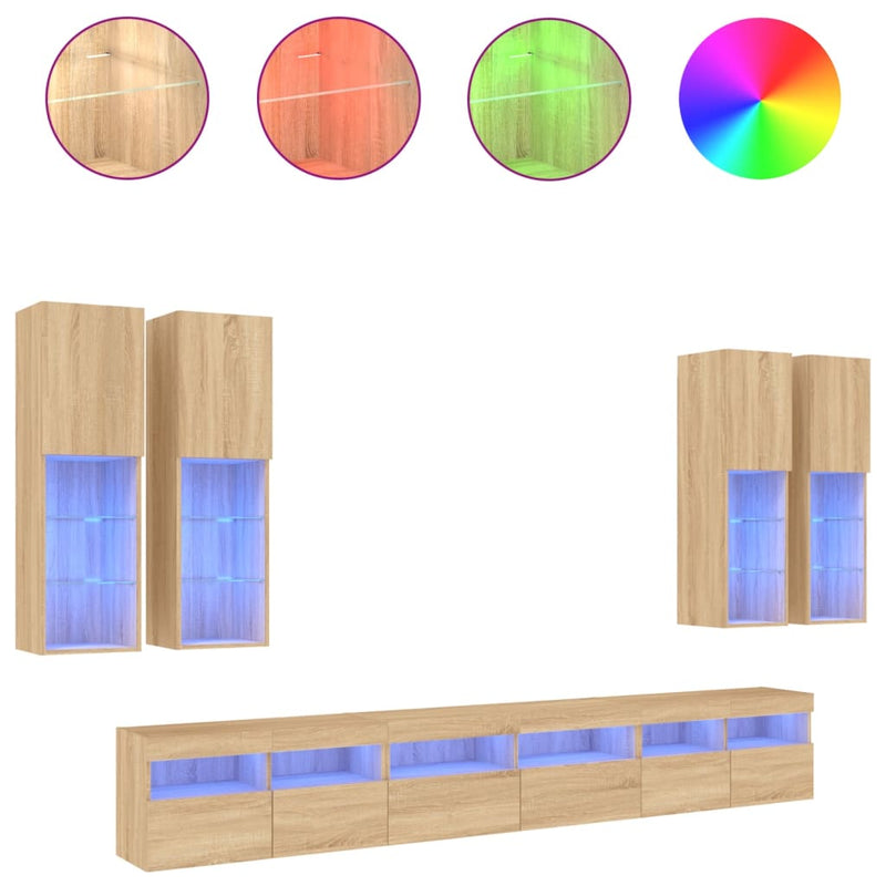 Comode TV de perete cu lumini LED, 7 piese, stejar sonoma