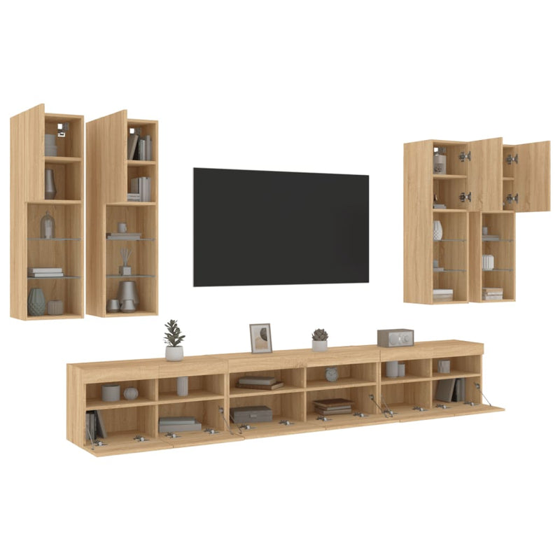Comode TV de perete cu lumini LED, 7 piese, stejar sonoma