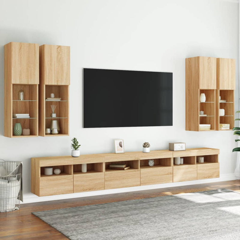Comode TV de perete cu lumini LED, 7 piese, stejar sonoma