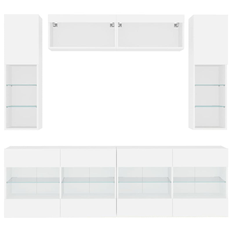 Set comode TV de perete, 6 piese, cu lumini LED, alb