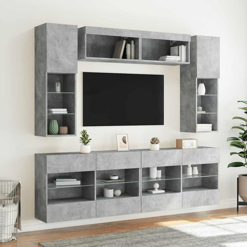 Set comode TV de perete cu lumini LED, 6 piese, gri beton