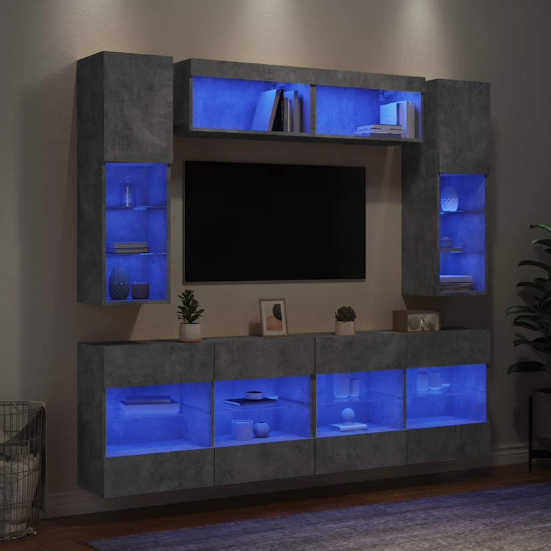 Set comode TV de perete cu lumini LED, 6 piese, gri beton
