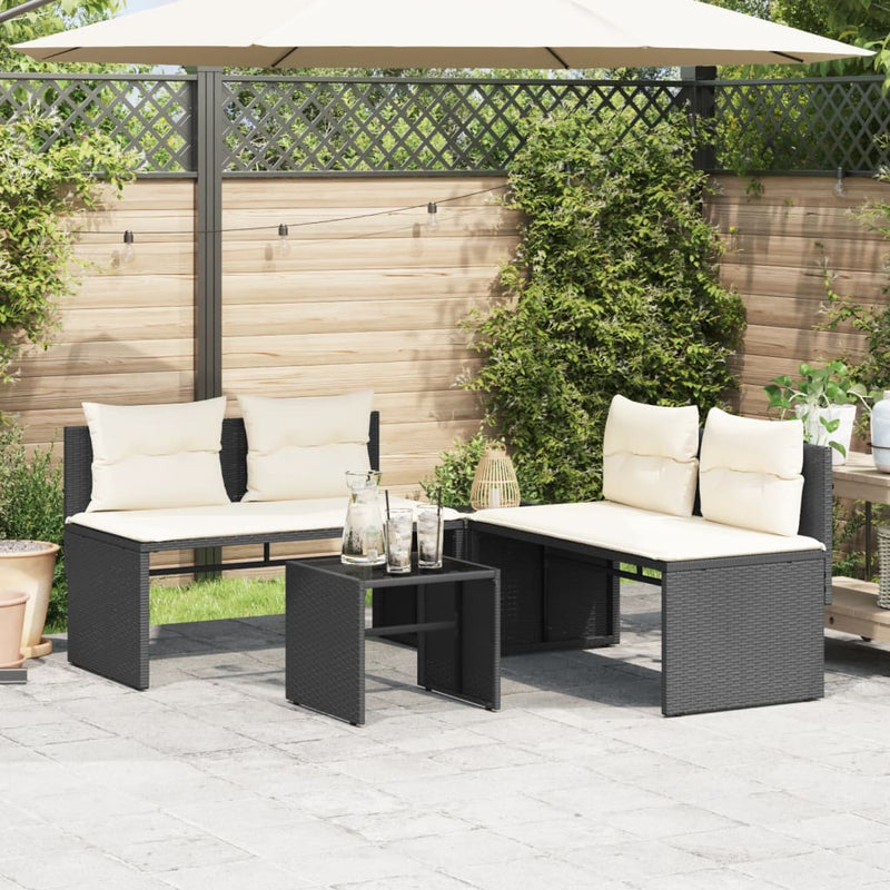 Set mobilier de grădină cu perne, 4 piese, negru, poliratan
