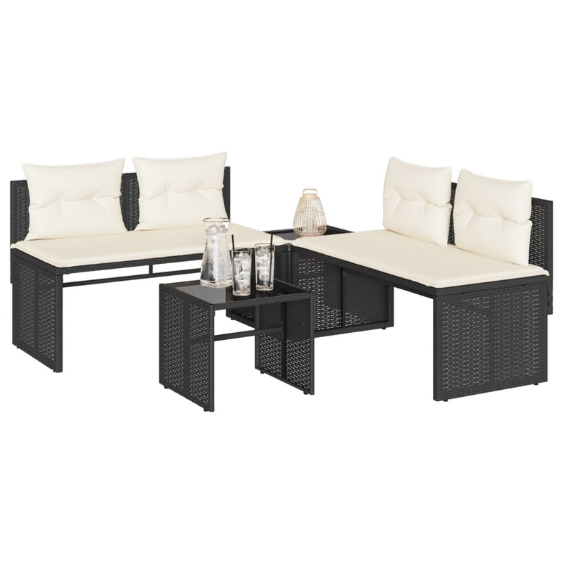 Set mobilier de grădină cu perne, 4 piese, negru, poliratan