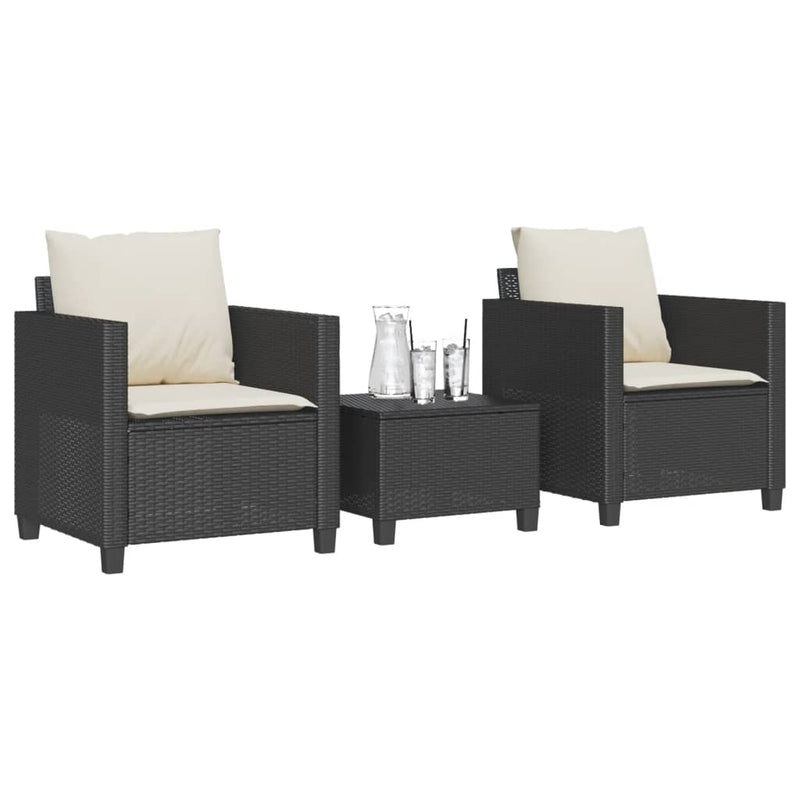 Set bistro cu perne, 3 piese, negru, poliratan