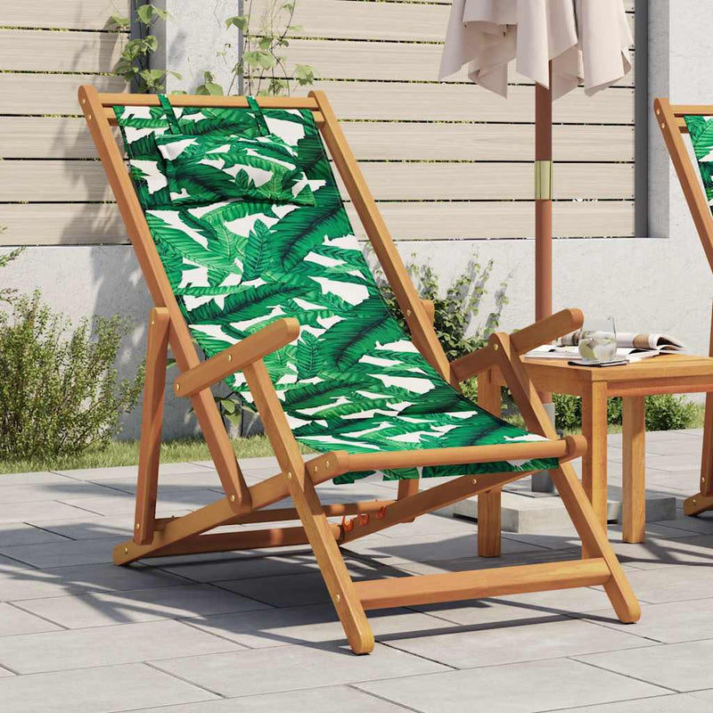 Scaun pliant cu model de frunze, lemn masiv de eucalipt și material textil