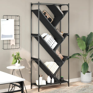 Bibliotecă, negru, 79x30x180 cm, lemn prelucrat și metal